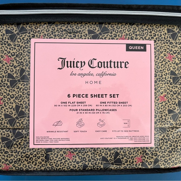 Juicy Couture Leopard Bows & Logo 6PC Queen Sheet Set - Picture 2 of 5
